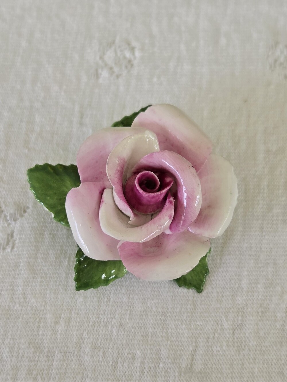 Pink and White Porcelain Rose Brooch with Green Leaves Made in England Vintage